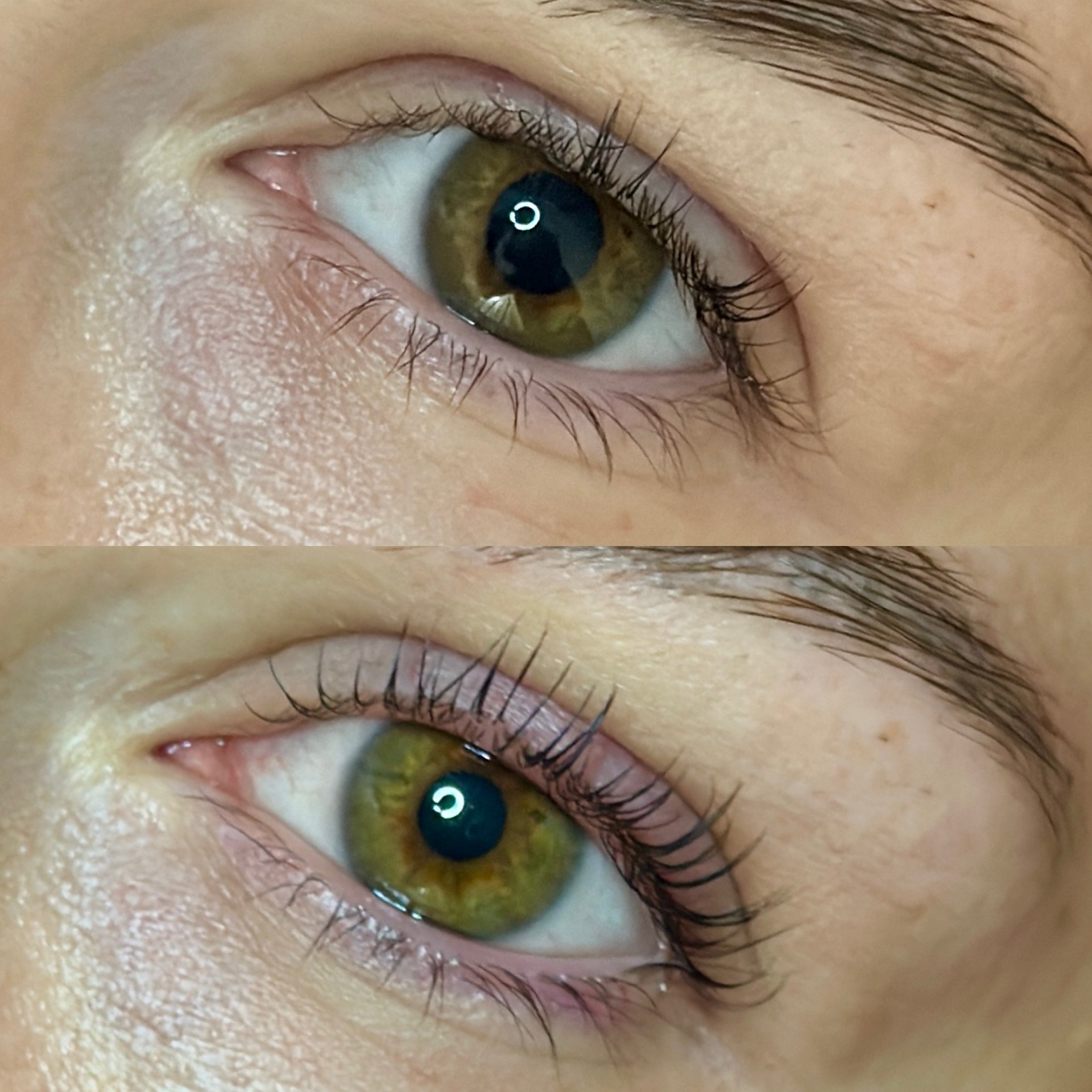 Close-up view of a person's eye before and after an eyelash enhancement treatment, showcasing longer and more defined eyelashes.